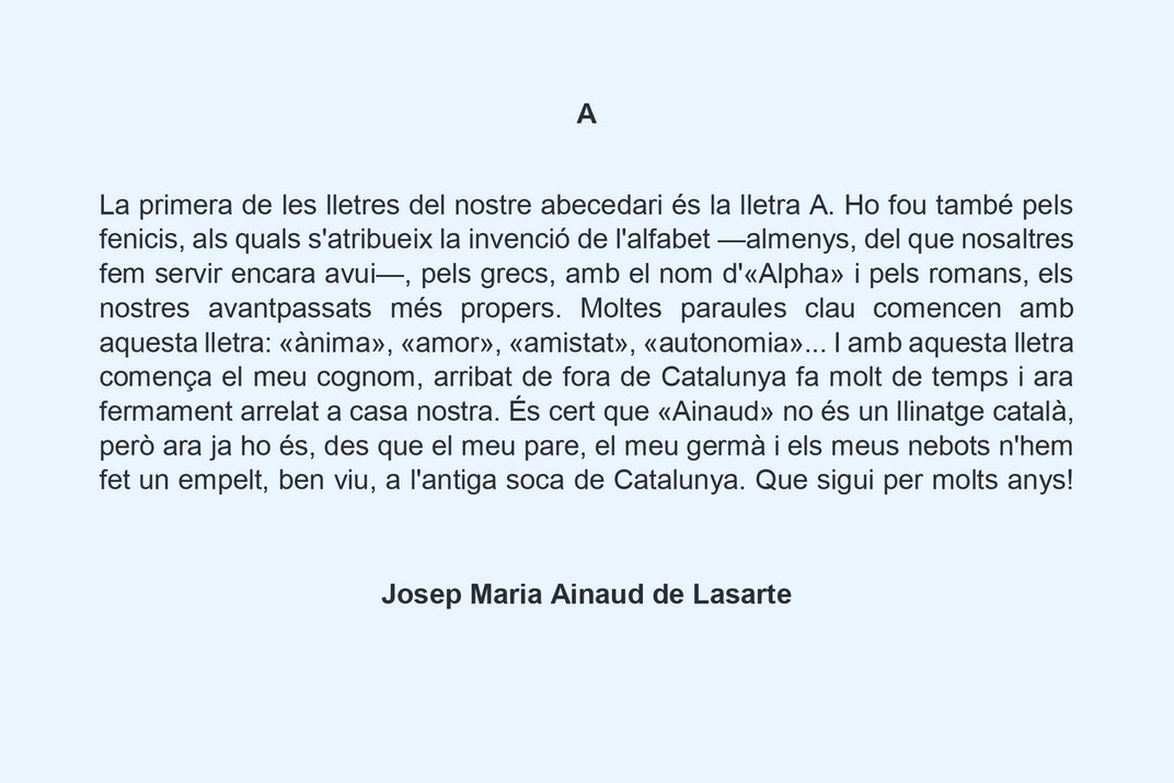 Missatge escrit: lletra A de Josep Maria Ainaud de Lasarte de l’Abecedari de la Llibertat del Poble Vell de Corbera d’Ebre