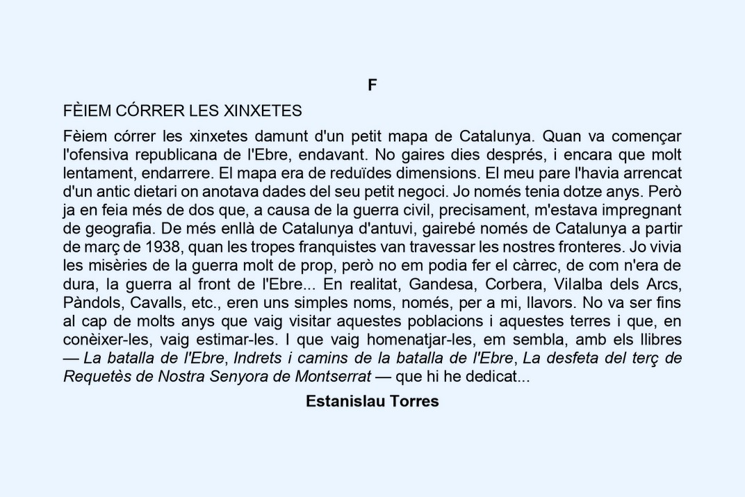 Missatge escrit: lletra F d'Estanislau Torres de l’Abecedari de la Llibertat del Poble Vell de Corbera d’Ebre